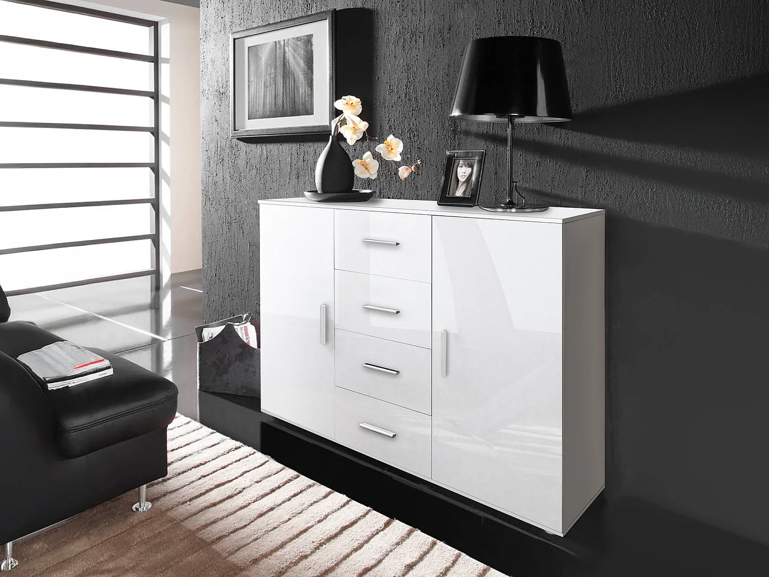 Commode Charlotte 118, Blanc|Blanc brillant, Tiroirs et portes, Nombre de tiroirs: 4,