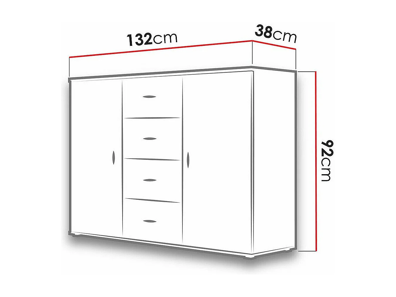 Commode Charlotte 118, Blanc|Blanc brillant, Tiroirs et portes, Nombre de tiroirs: 4,