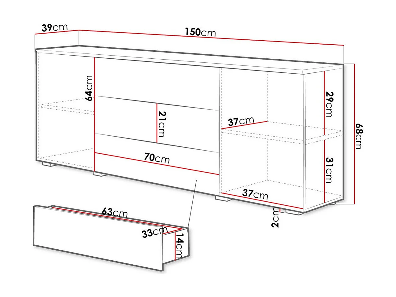 Cómoda Sarasota 129, Com gavetas e portas, Número de gavetas: 3