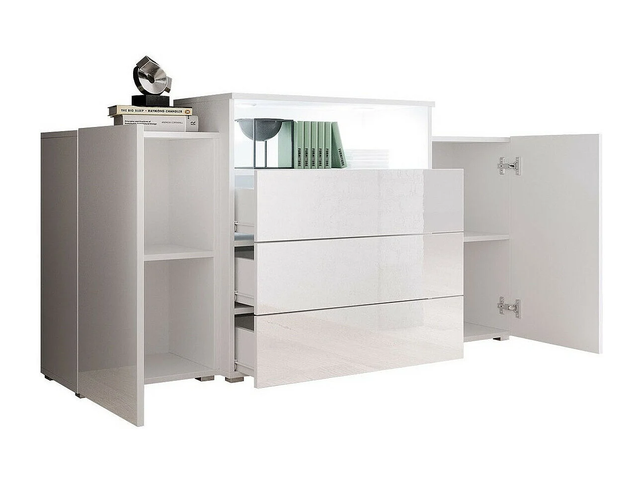 Cómoda Sarasota 127, Roble wotan|Blanco brillante, Con cajones y puertas, 81x150x39cm