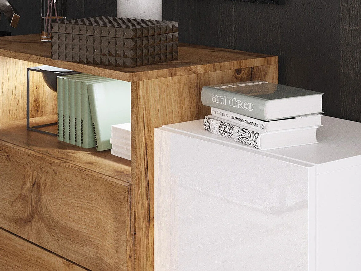 Cómoda Sarasota 127, Roble wotan|Blanco brillante, Con cajones y puertas, 81x150x39cm