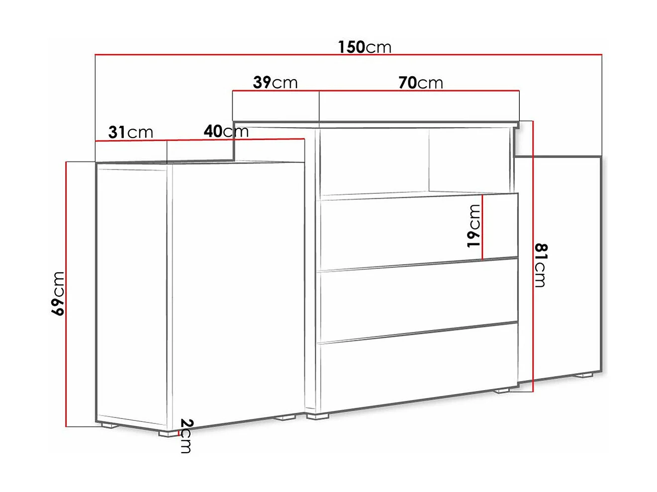 Cómoda Sarasota 127, Roble wotan|Blanco brillante, Con cajones y puertas, 81x150x39cm