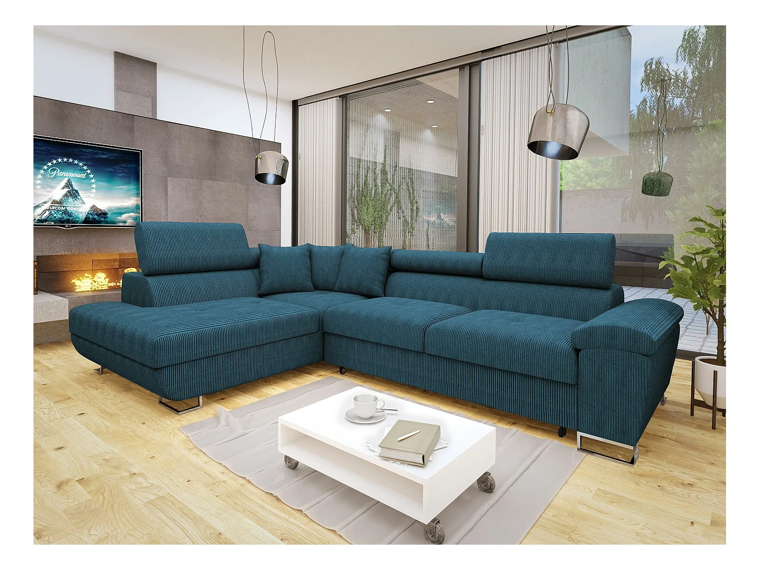 Canapé d'angle Comfivo 139, Bleu, Fonction de couchage, Boîte de literie, 270x202x71cm