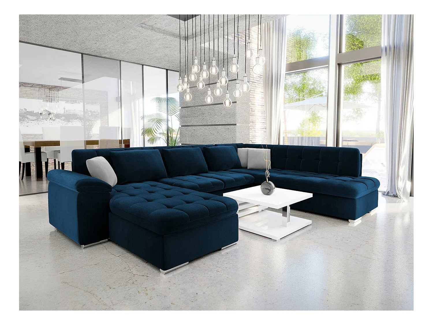 Canapé d'angle Comfivo 114, Bleu, Fonction de couchage, Boîte de literie, 348x205x76cm