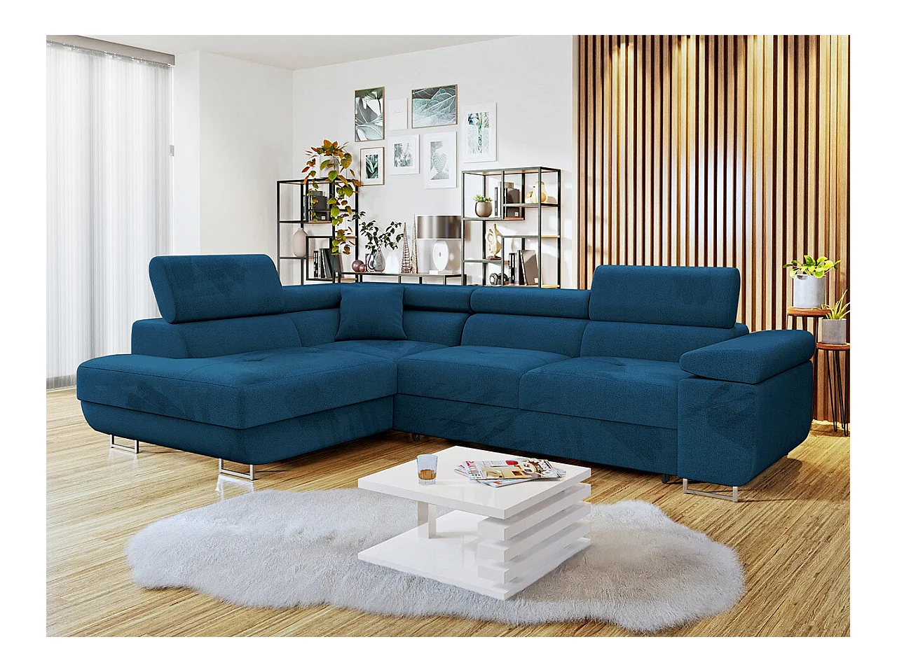 Canapé d'angle Comfivo Eliferu 100, Bleu, Fonction de couchage, Boîte de literie, 274cm