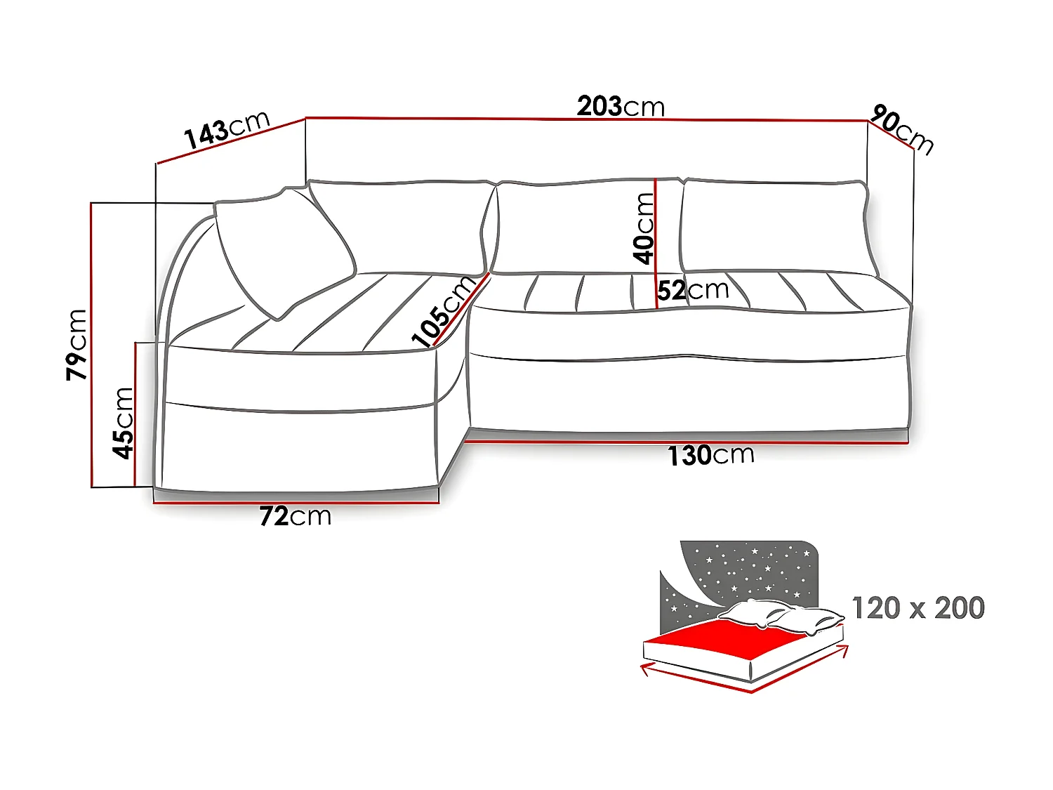 Sofá de canto Providence 119, Preto, Funcionalidade de dormir