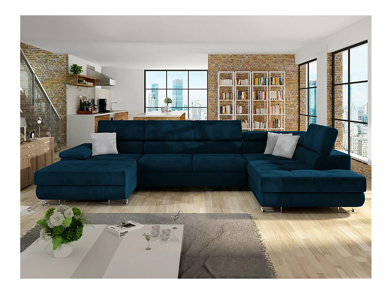 Canapé d'angle Comfivo 190, Bleu, Fonction de couchage, Boîte de literie, 345x202x71cm