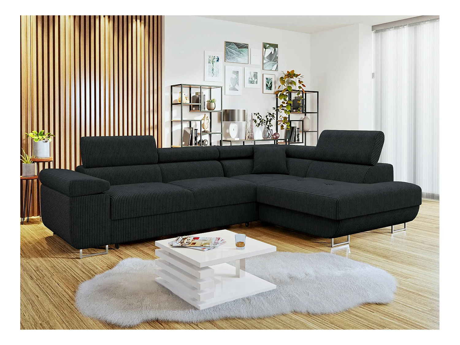 Canapé d'angle Comfivo Eliferu 100, Noir, Fonction de couchage, Boîte de literie, 274cm