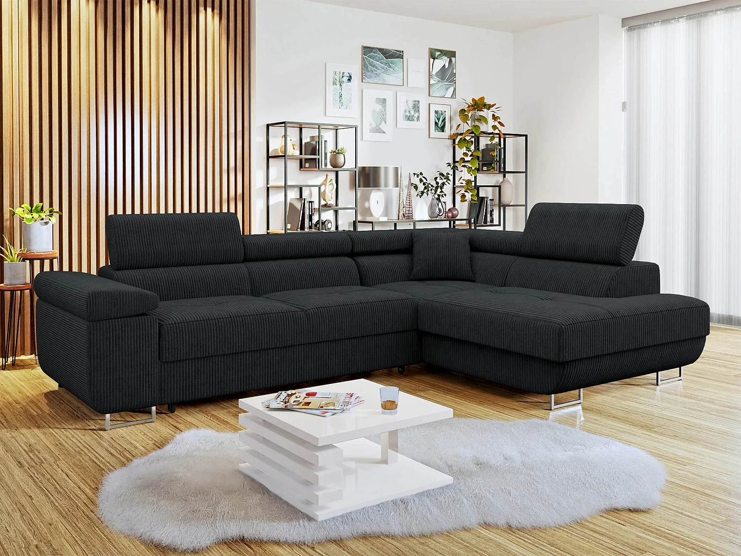Canapé d'angle Comfivo Vinetum, Noir, Disponible, 274x203x70cm