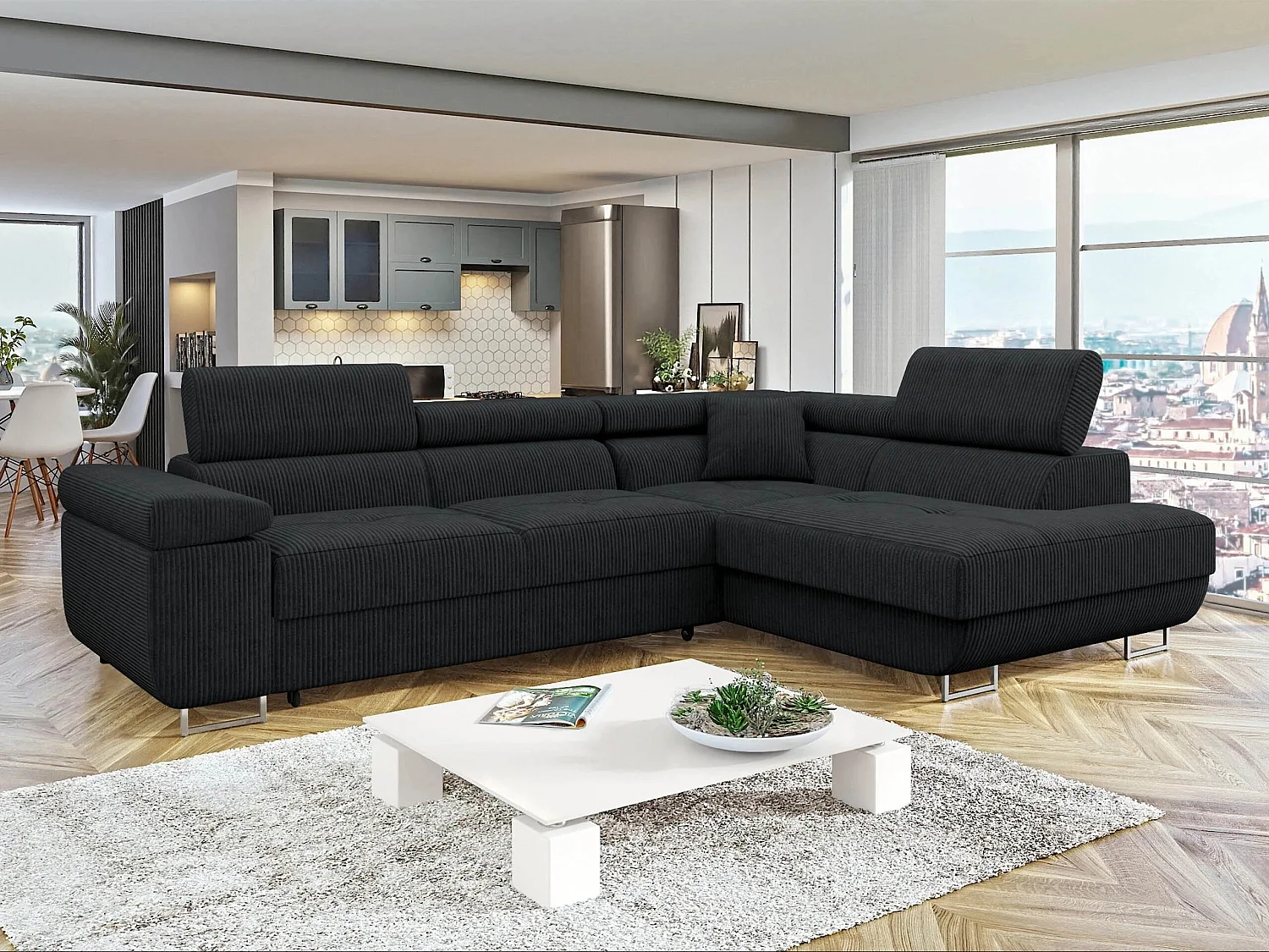 Canapé d'angle convertible 3 places en tissu noir 274x203x70 cm