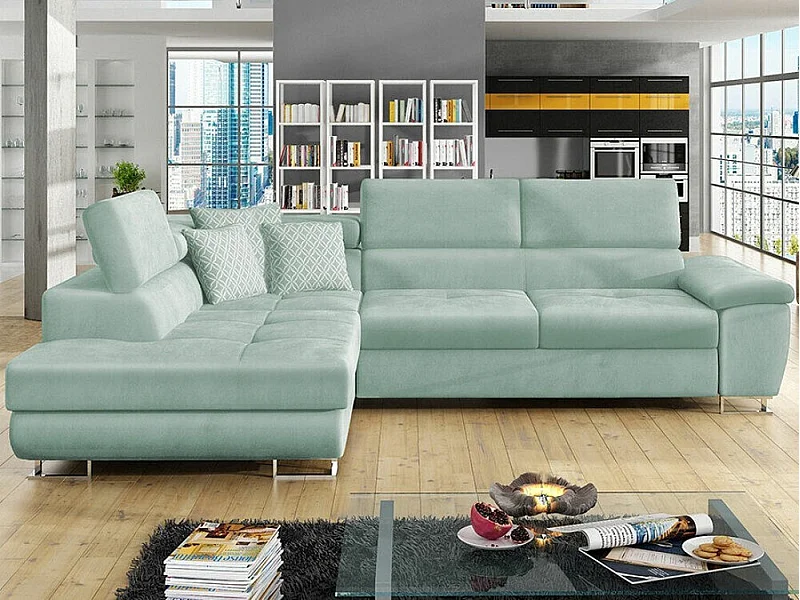 Canapé d'angle Comfivo 166, Turquoise, Fonction de couchage, Boîte de literie, 270x202cm