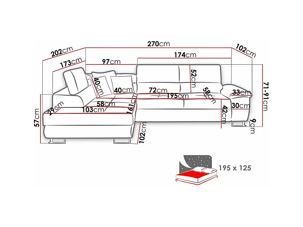 Sofá rinconero Comfivo 166, Turquesa, Función de descanso, Almacenaje, 270x202x71cm