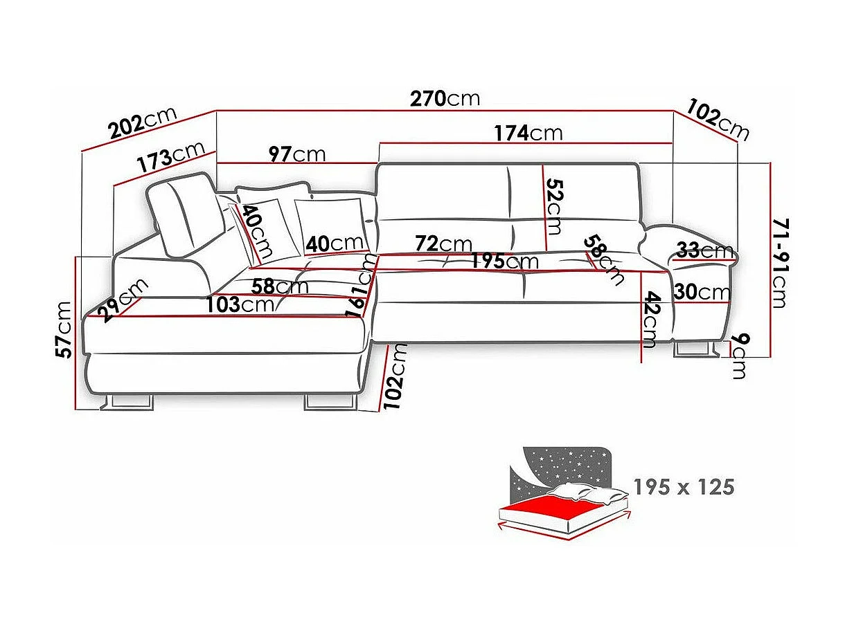 Sofá rinconero Comfivo 166, Turquesa, Función de descanso, Almacenaje, 270x202x71cm