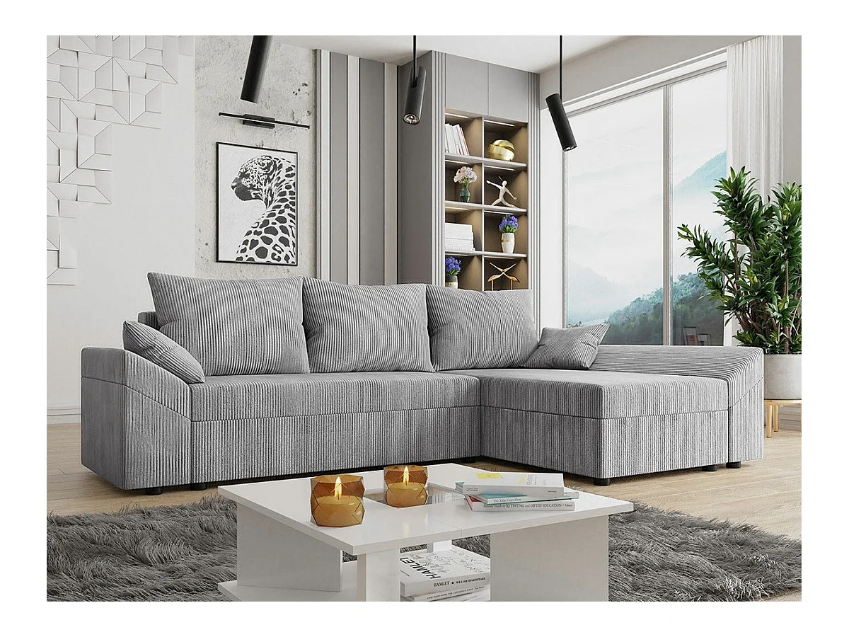 Canapé d'angle Memphis 104, Gris, Fonction de couchage, Boîte de literie, 240x140x82cm