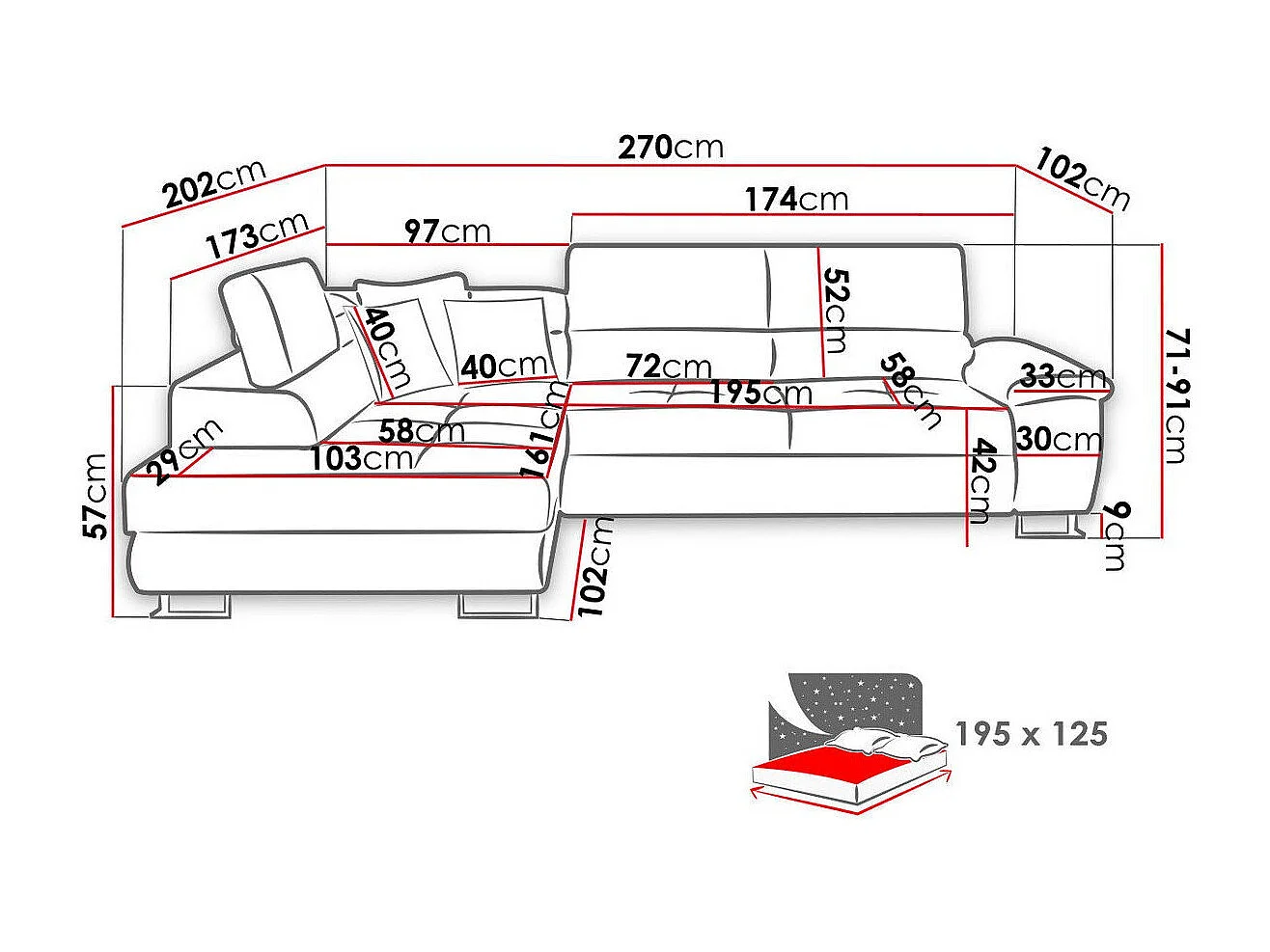 Sofá rinconero Comfivo 166, Negro, Función de descanso, Almacenaje, 270x202x71cm