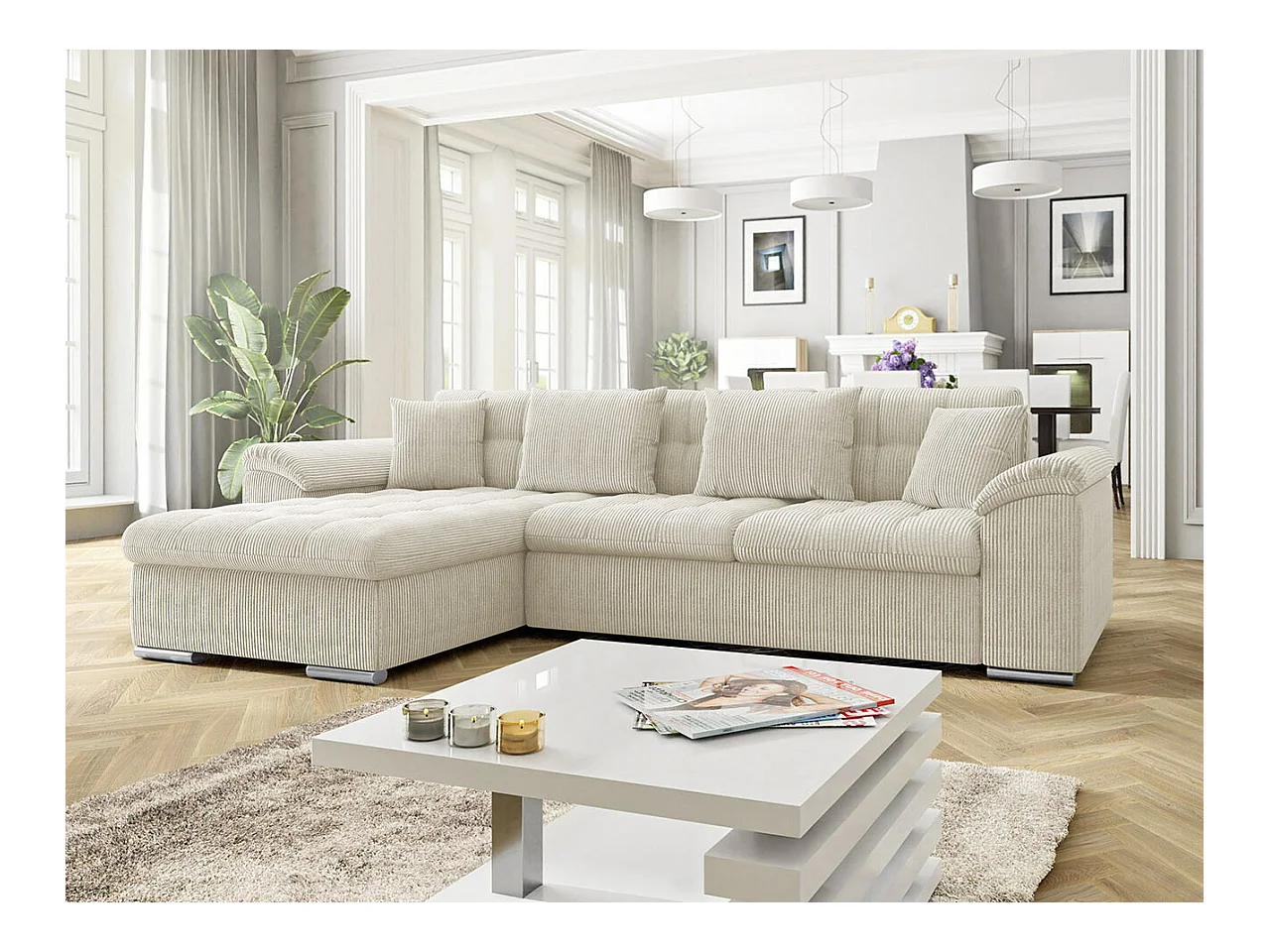 Canapé d'angle Comfivo 107, Brun clair, Fonction de couchage, Boîte de literie, 280x160cm