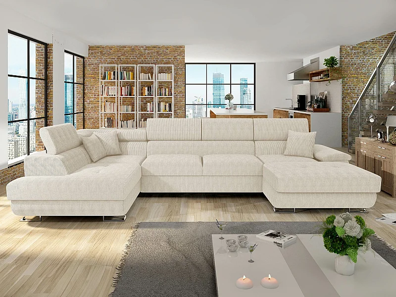 Sofá rinconero Comfivo 138, De color marrón claro, Función de descanso, Almacenaje, 345cm