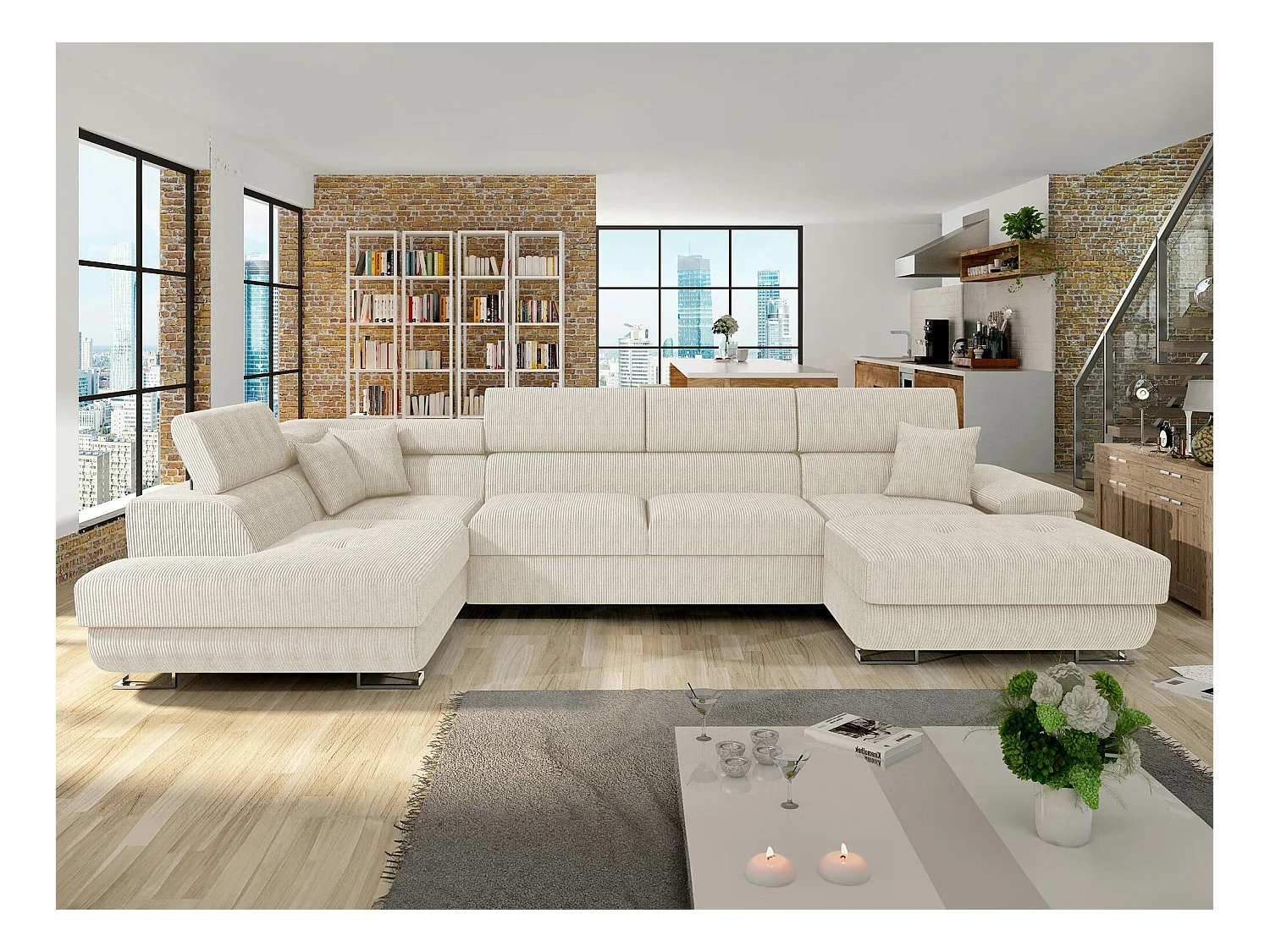 Canapé d'angle Comfivo 138, Brun clair, Fonction de couchage, Boîte de literie, 345x202cm