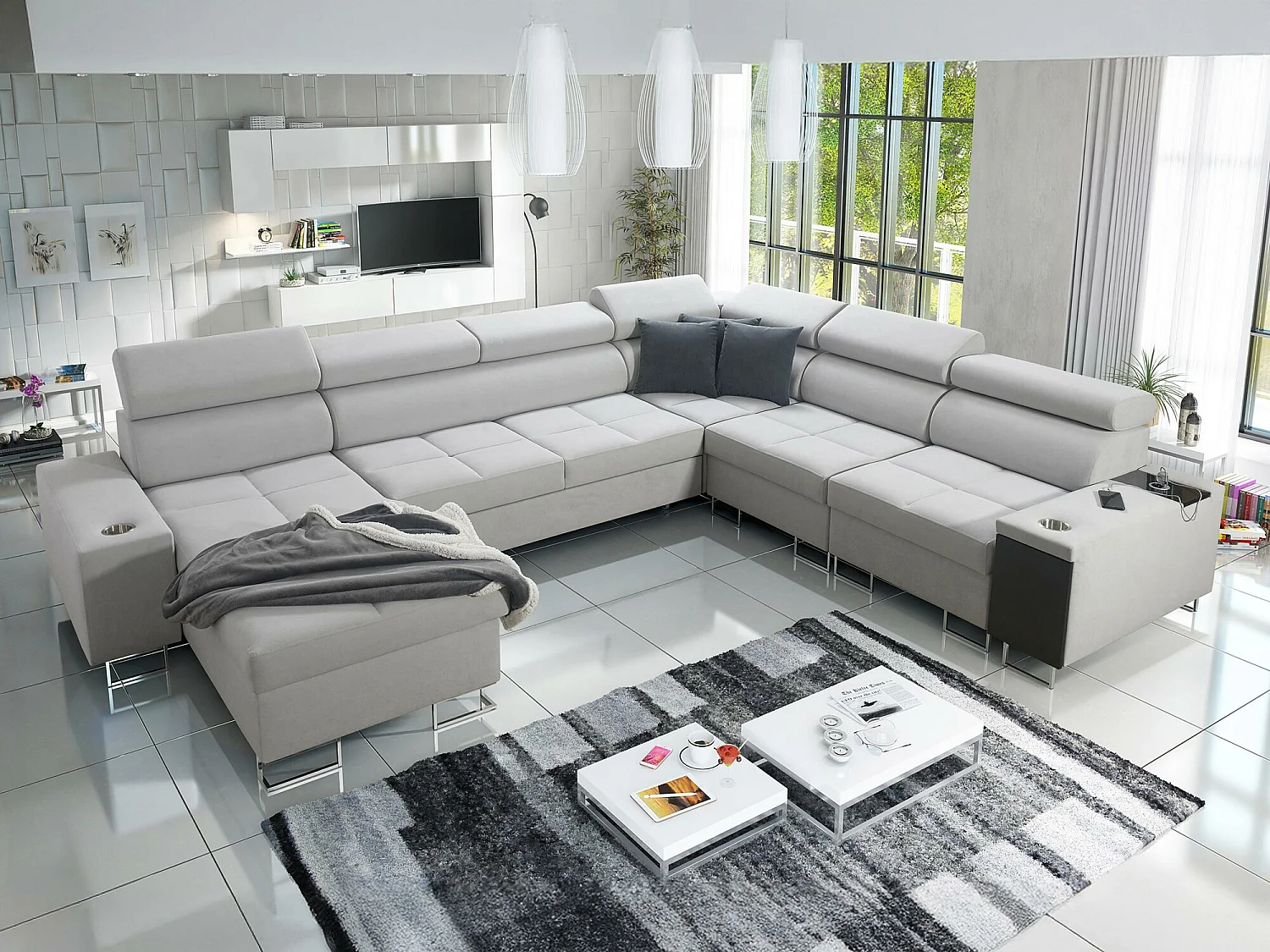 Canapé d'angle Pearland 116, Gris, Fonction de couchage, Boîte de literie, 360x284x84cm