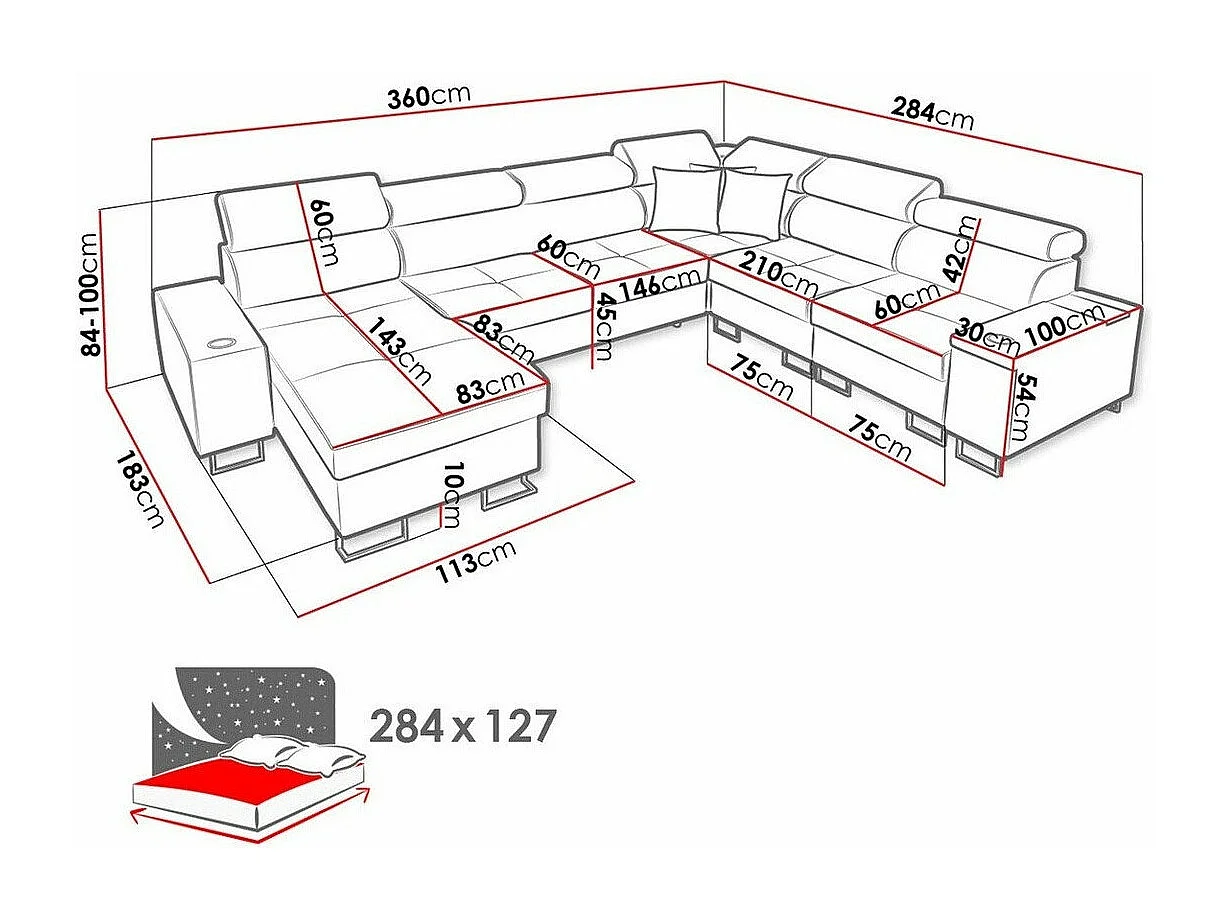 Canapé d'angle Pearland 116, Gris, Fonction de couchage, Boîte de literie, 360x284x84cm