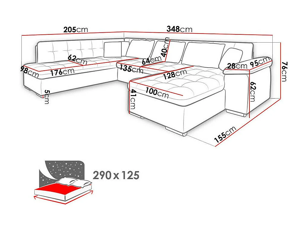 Sofá rinconero Comfivo 114, Negro, Función de descanso, Almacenaje, 348x205x76cm