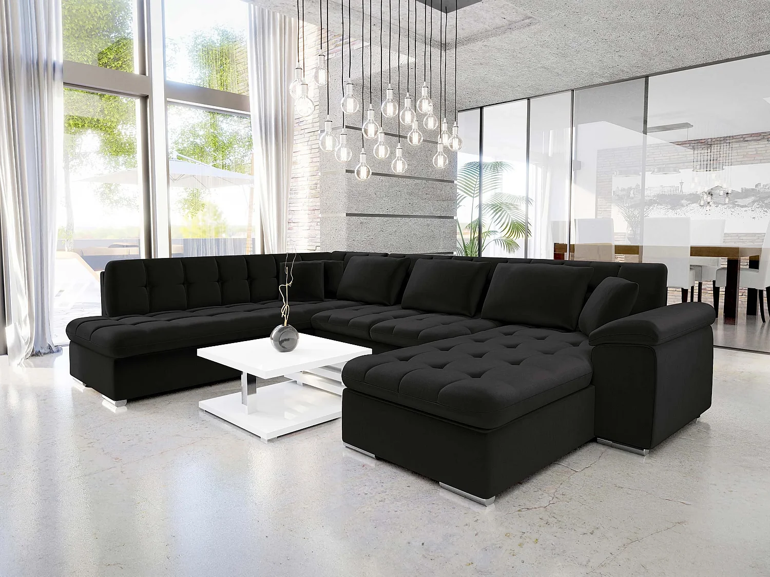 Sofá rinconero Comfivo Gemma, Negro, Función de descanso, Almacenaje, 348x205x76cm