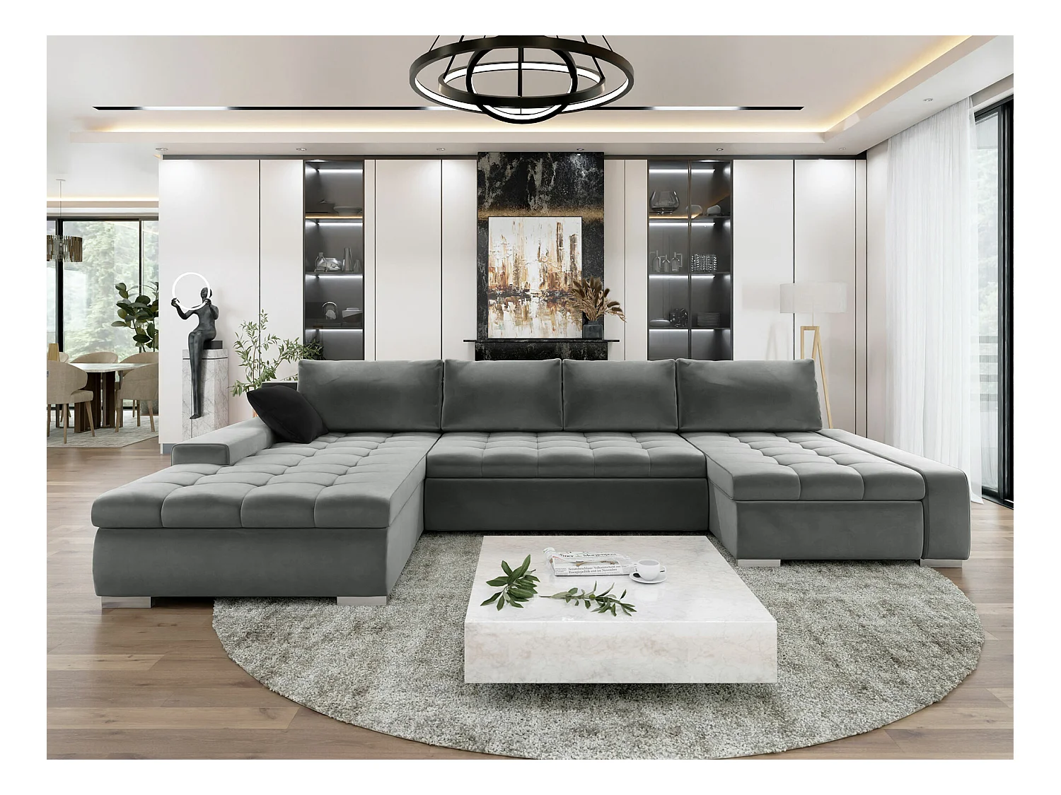 Canapé d'angle Comfivo 106, Gris, Fonction de couchage, Boîte de literie, 394x213x80cm