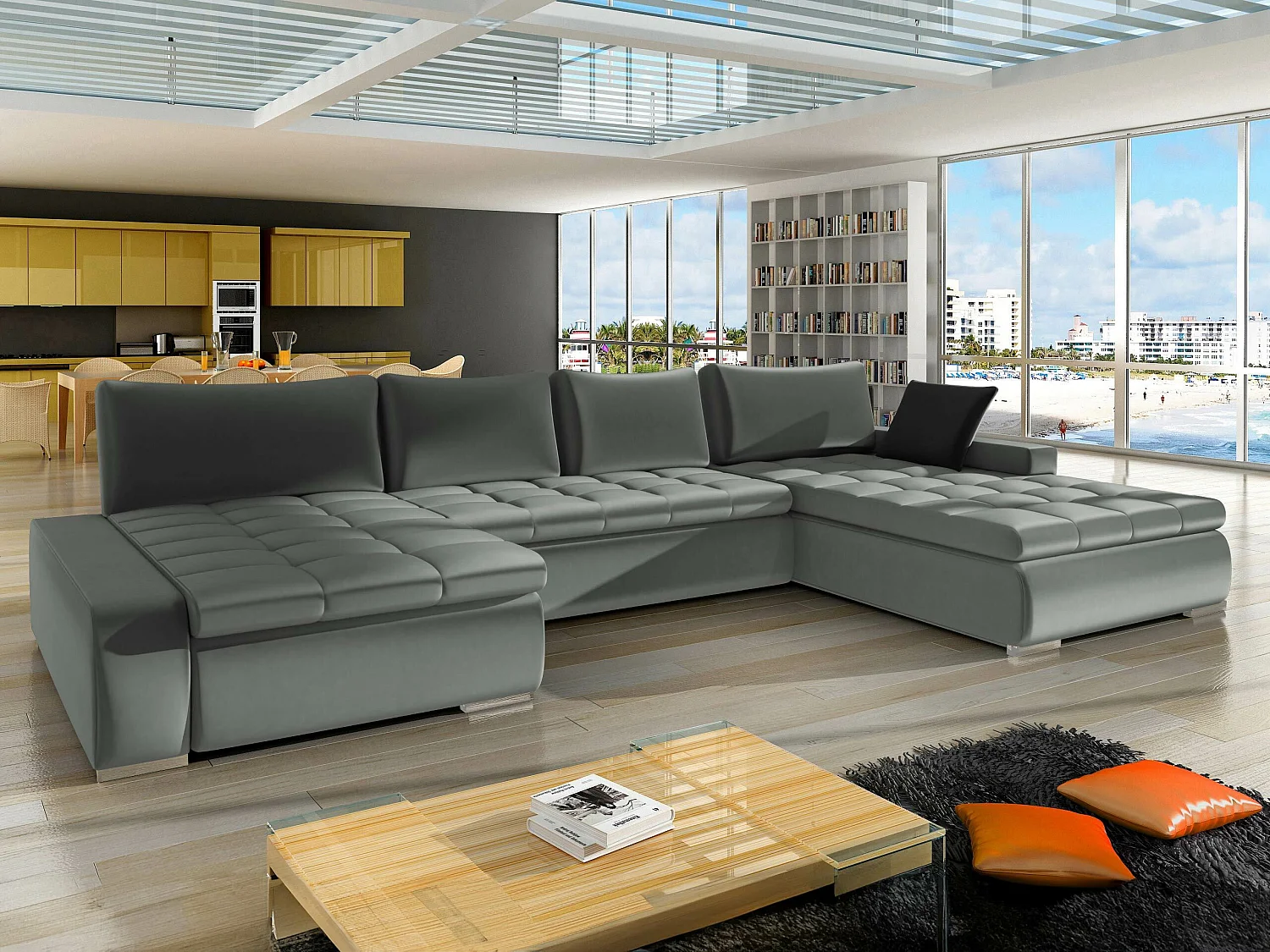 Sofá rinconero Comfivo 106, Gris, Función de descanso, Almacenaje, 394x213x80cm