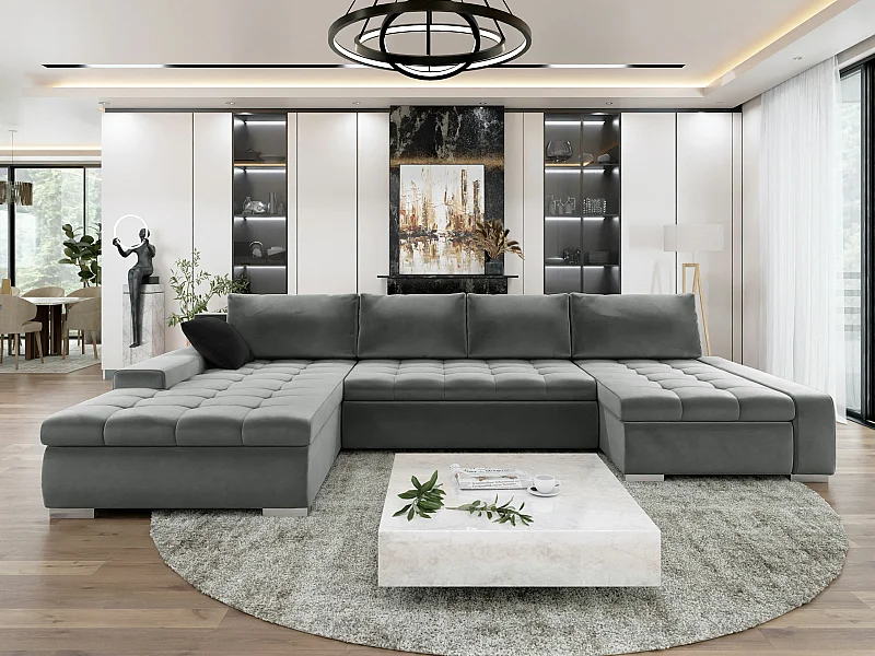 Sofá rinconero Comfivo 106, Gris, Función de descanso, Almacenaje, 394x213x80cm