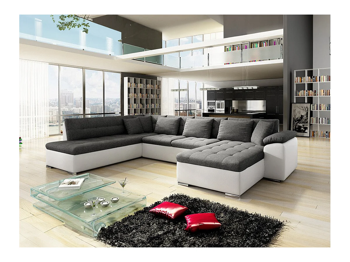 Canapé d'angle Comfivo 128, Gris, Fonction de couchage, 348x205x76cm