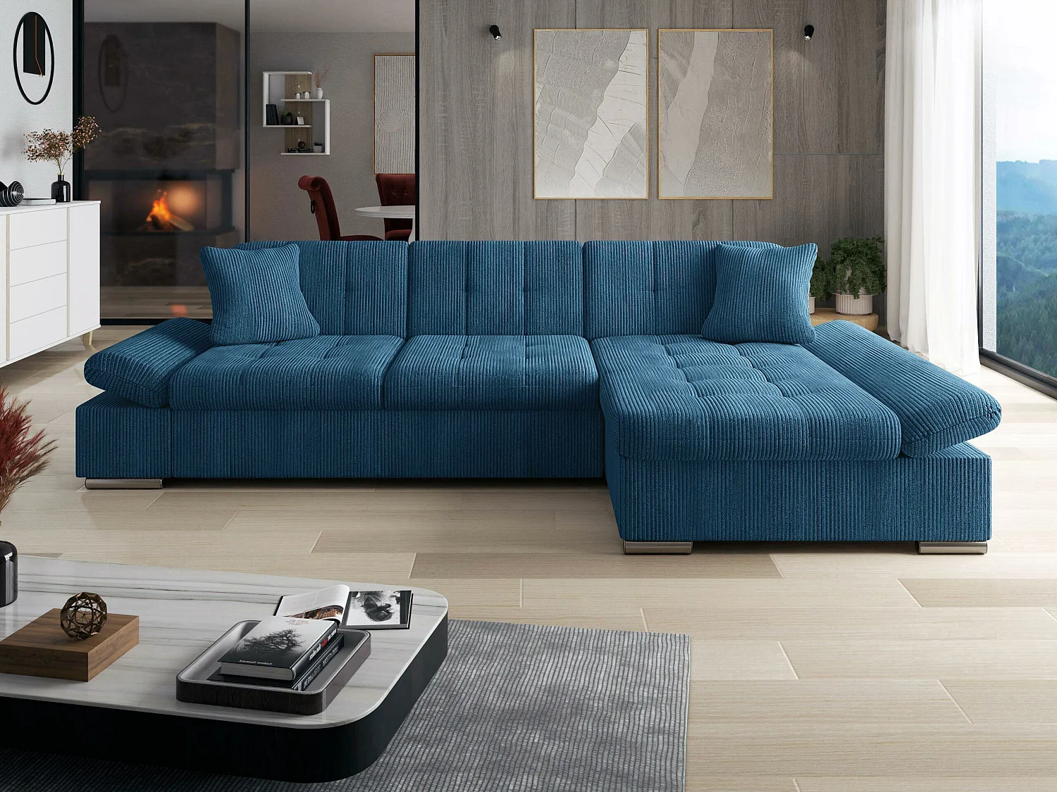 Sofá rinconero Comfivo Sanitas I, Azul, Función de descanso, Almacenaje, 278x161x76cm