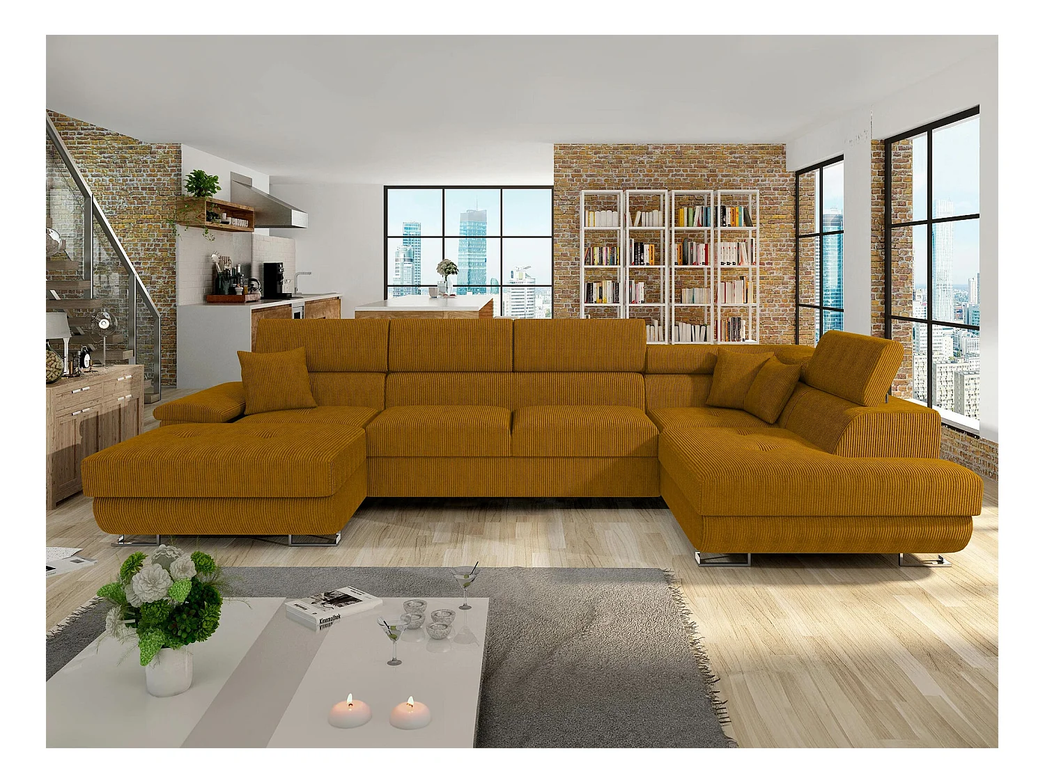 Canapé d'angle Comfivo 138, Jaune, Fonction de couchage, Boîte de literie, 345x202x71cm