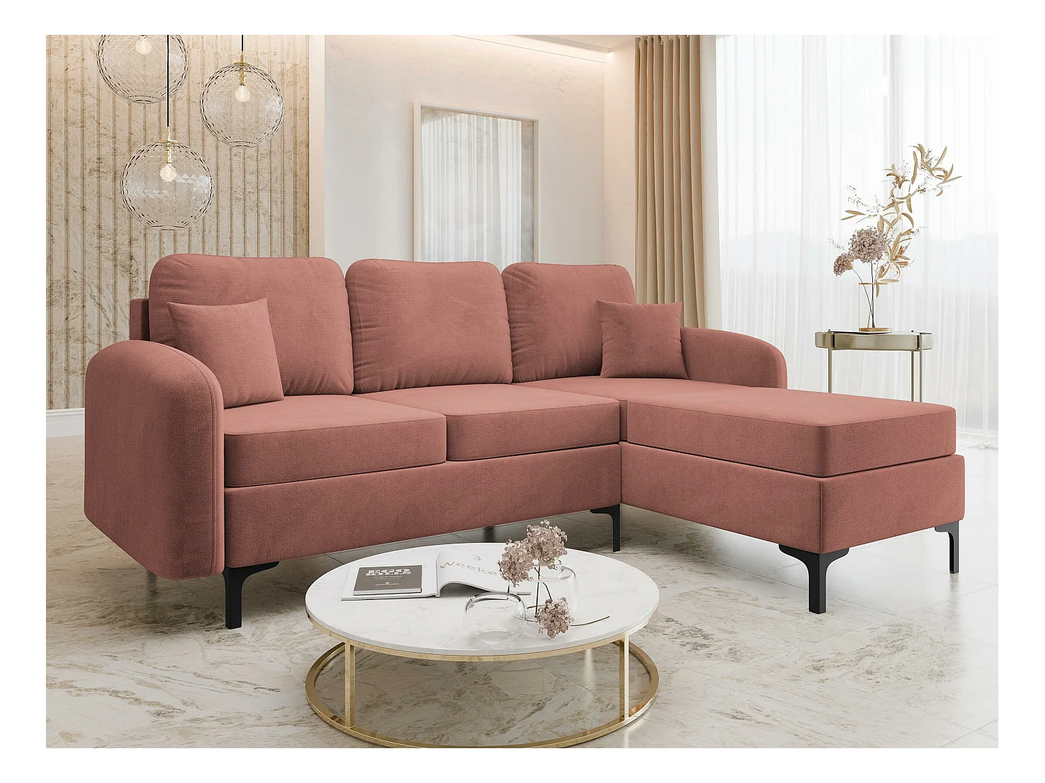Sofá rinconero Torlua 103, Rosa, Función de descanso, Almacenaje, 225x172x96cm