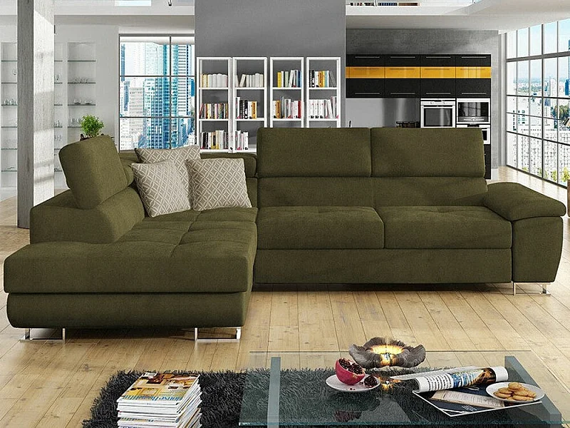 Sofá rinconero Comfivo 166, Verde, Función de descanso, Almacenaje, 270x202x71cm