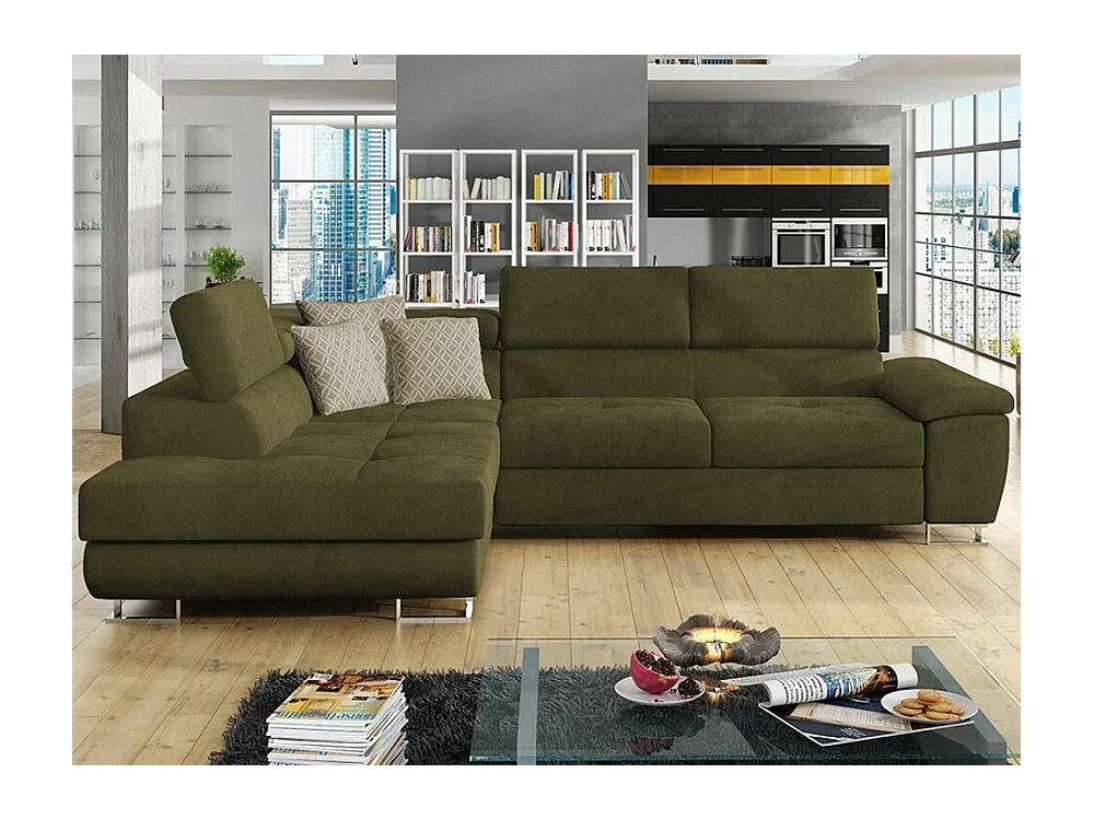 Sofá rinconero Comfivo 166, Verde, Función de descanso, Almacenaje, 270x202x71cm