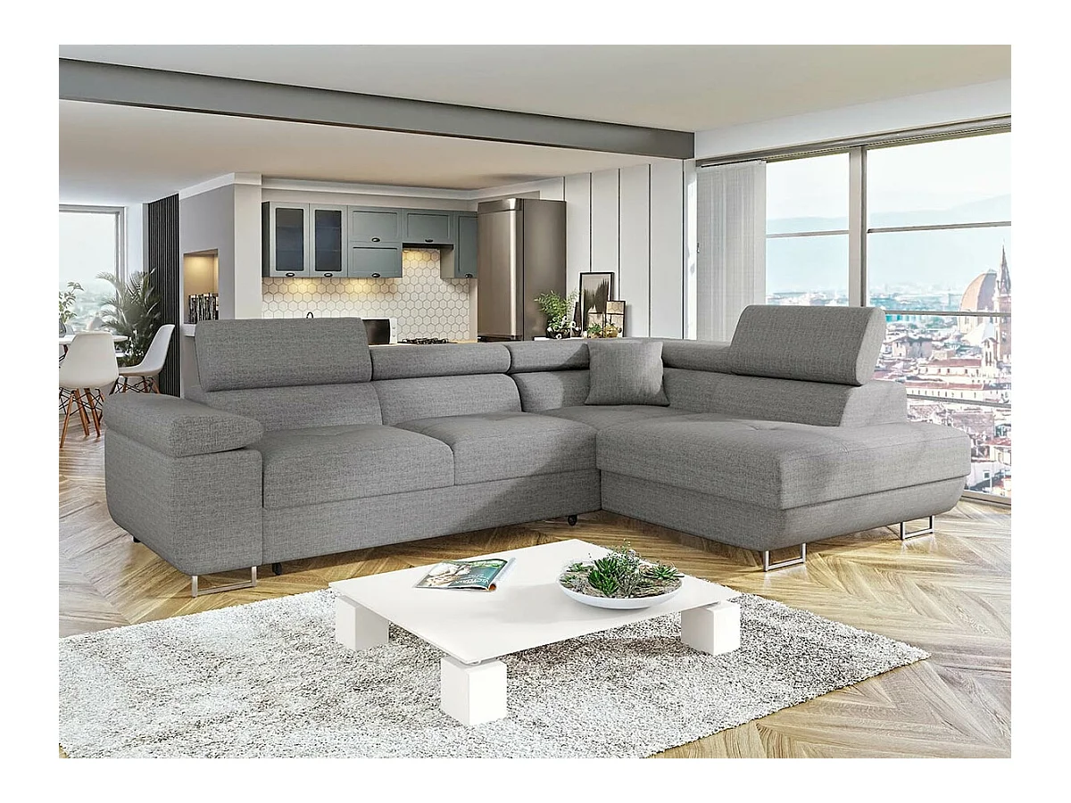 Canapé d'angle Comfivo Eliferu 100, Gris, Fonction de couchage, Boîte de literie, 274cm