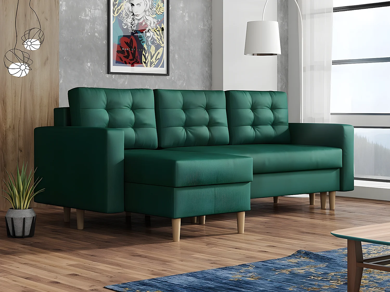 Sofá de canto Columbus 108, Verde, Funcionalidade de dormir, 22x14x9cm