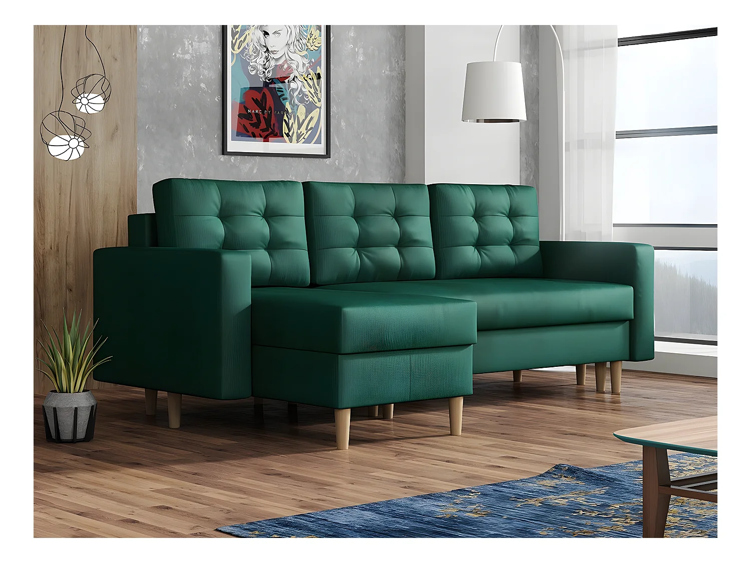 Canapé d'angle Columbus 108, Vert, Fonction de couchage, Boîte de literie, 220x135x88cm