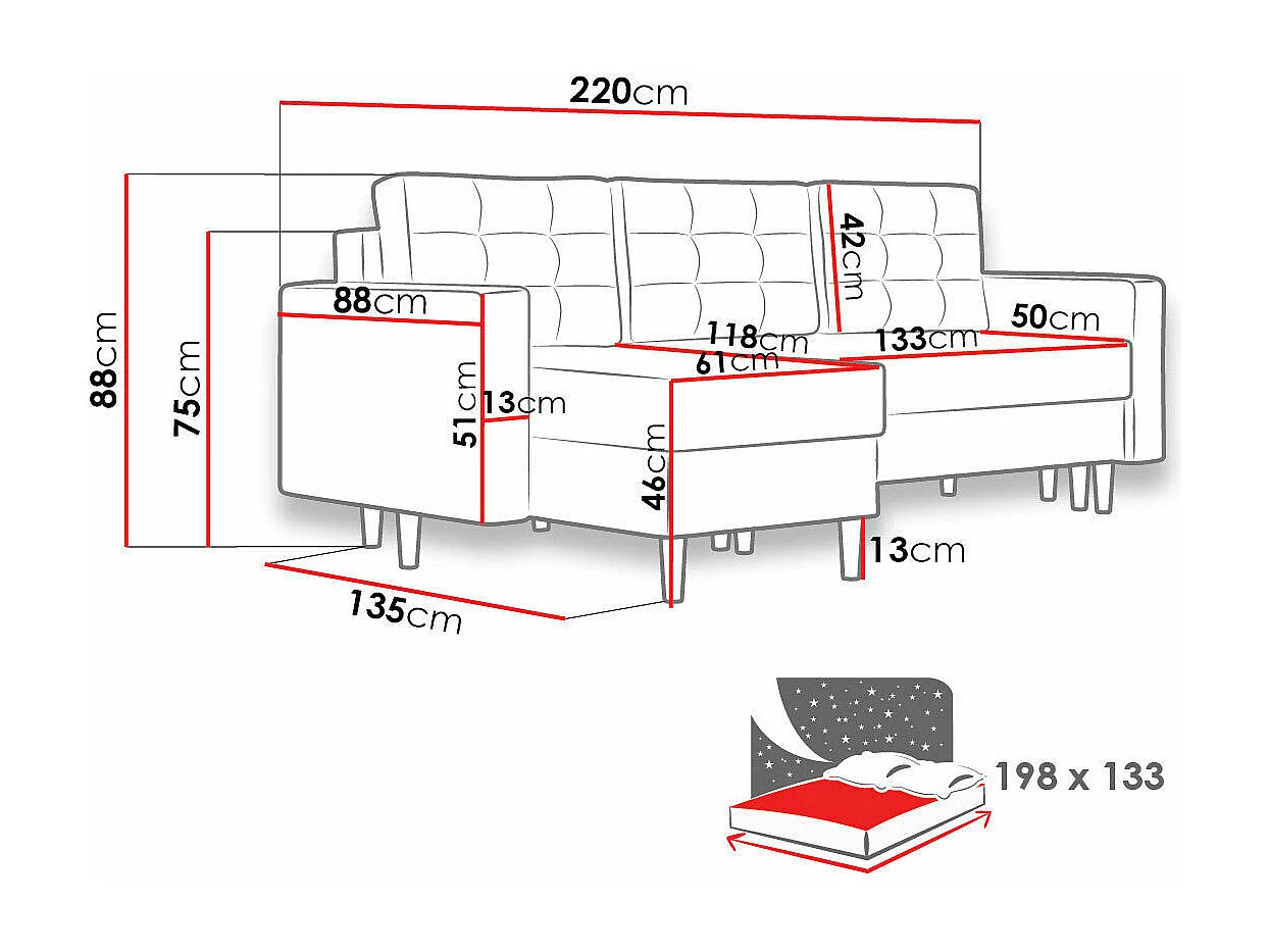 Canapé d'angle Columbus 108, Vert, Fonction de couchage, Boîte de literie, 220x135x88cm