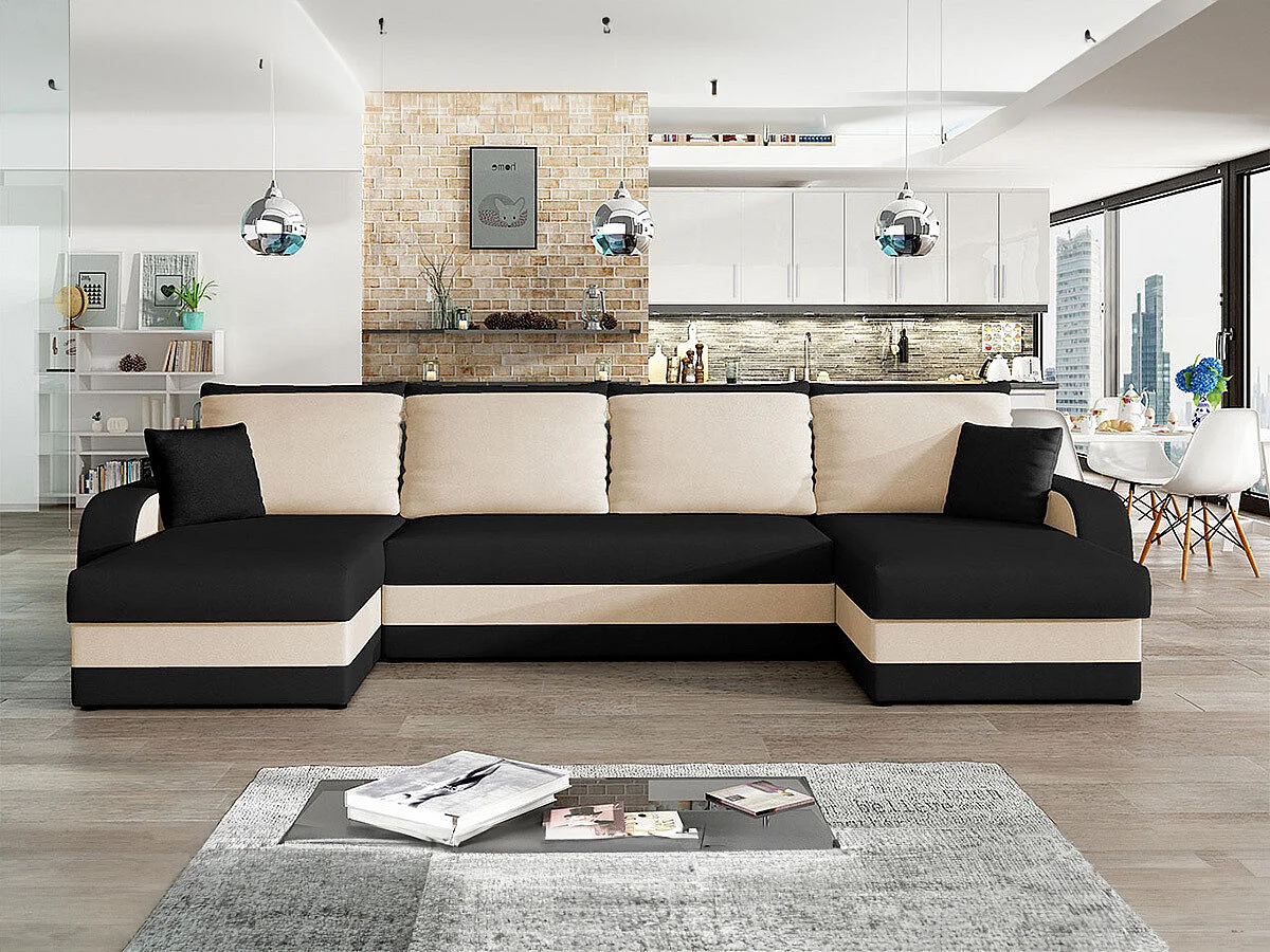 Canapé d'angle Comfivo 233, Noir, Fonction de couchage, Boîte de literie, 304x140x80cm