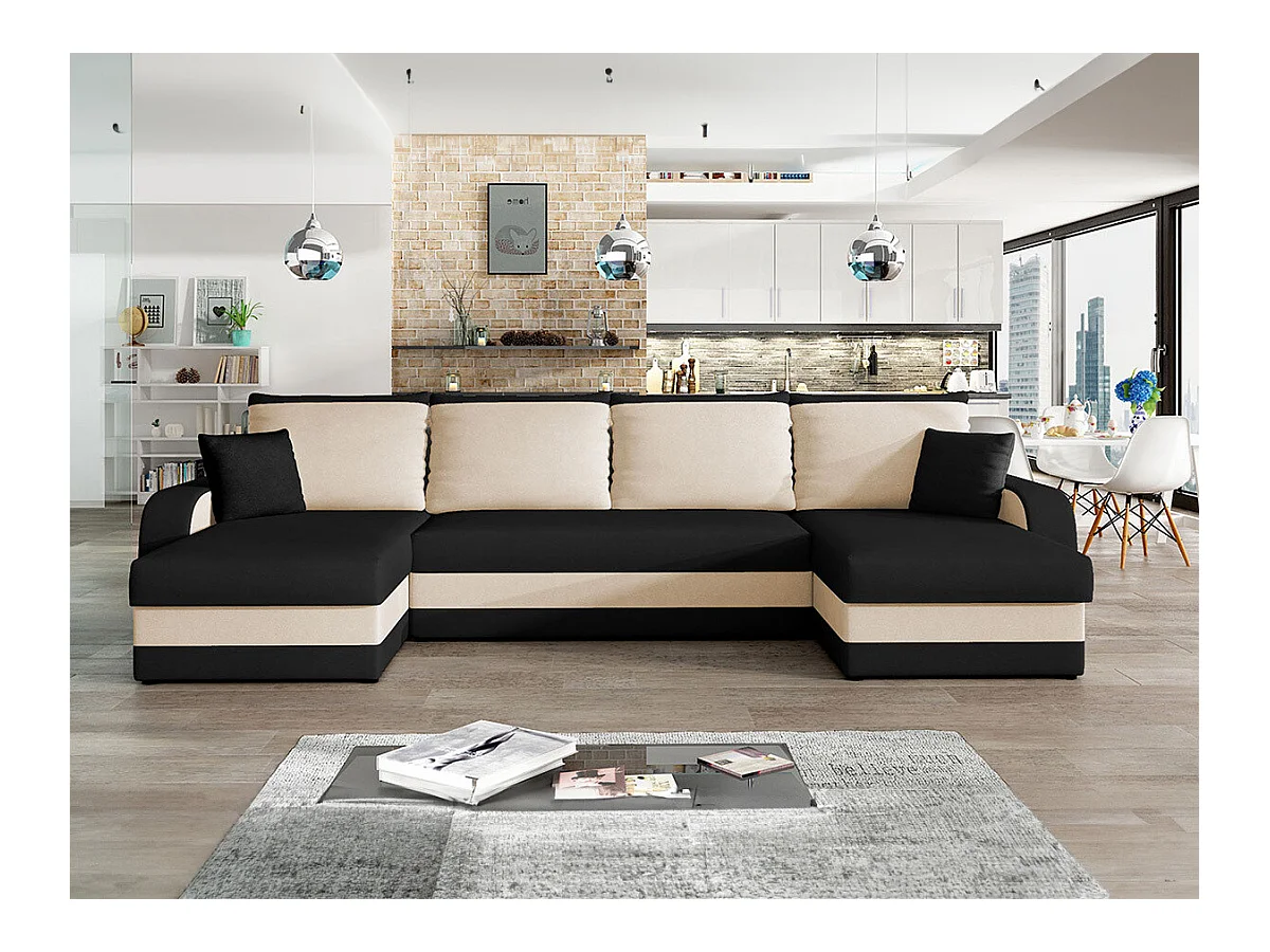 Sofá rinconero Comfivo 233, Negro, Función de descanso, Almacenaje, 304x140x80cm