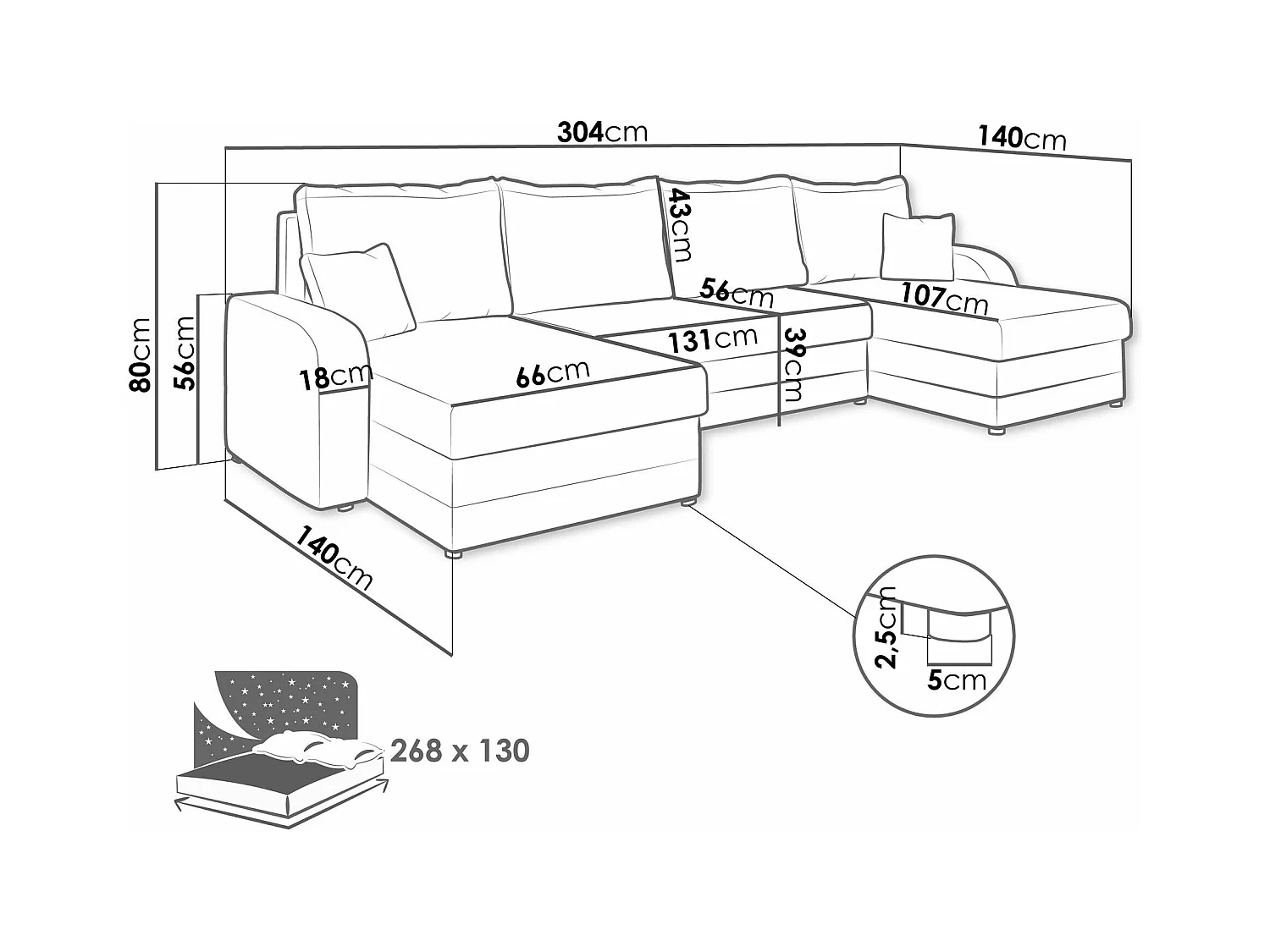 Sofá rinconero Comfivo 233, Negro, Función de descanso, Almacenaje, 304x140x80cm