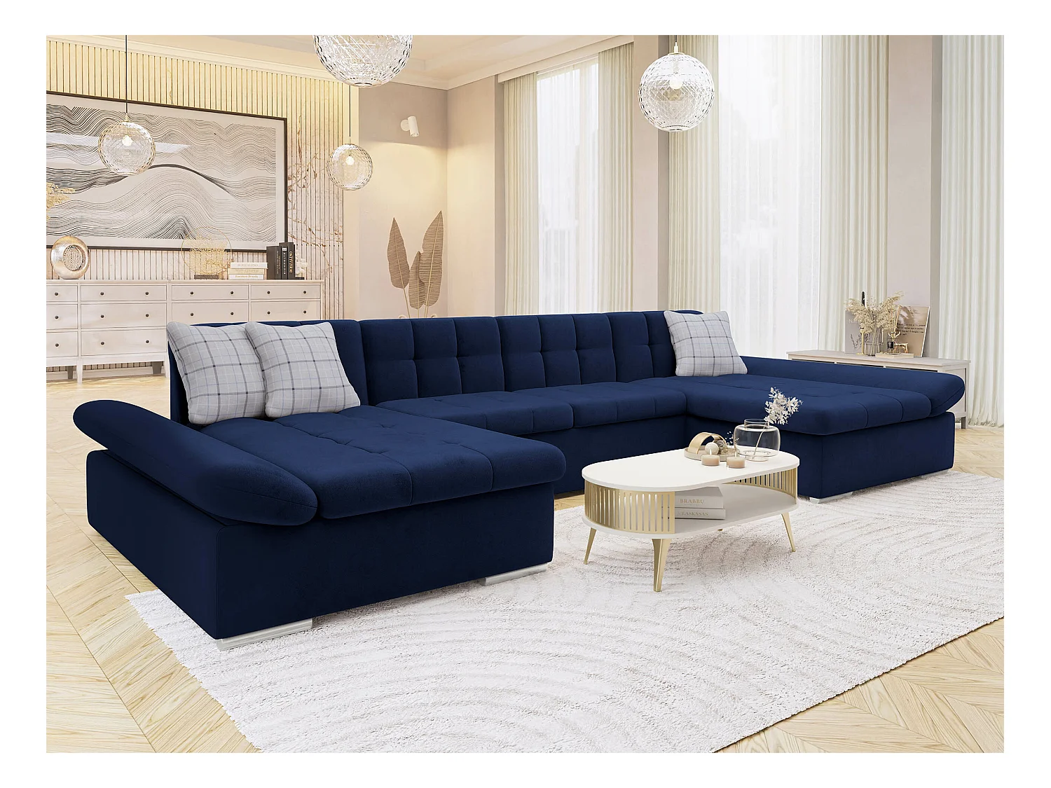 Canapé d'angle Comfivo 155, Bleu, Fonction de couchage, Boîte de literie, 360x160x75cm