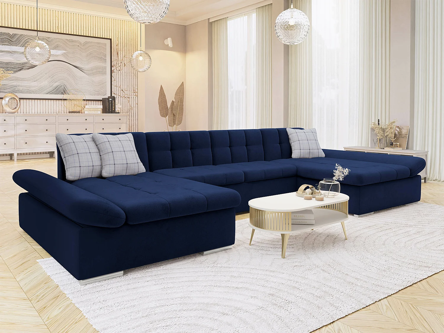 Sofá rinconero Comfivo Ficus, Azul, Función de descanso, Almacenaje, 360x160x75cm