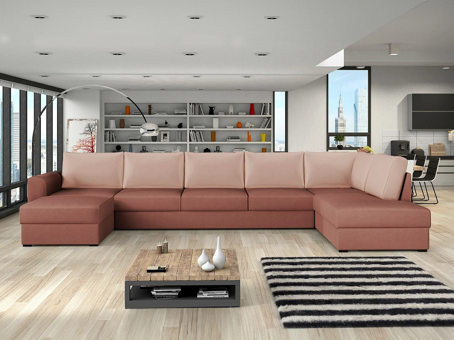 Sofá rinconero Comfivo 262, Rosa, Función de descanso, Almacenaje, 370x186x85cm