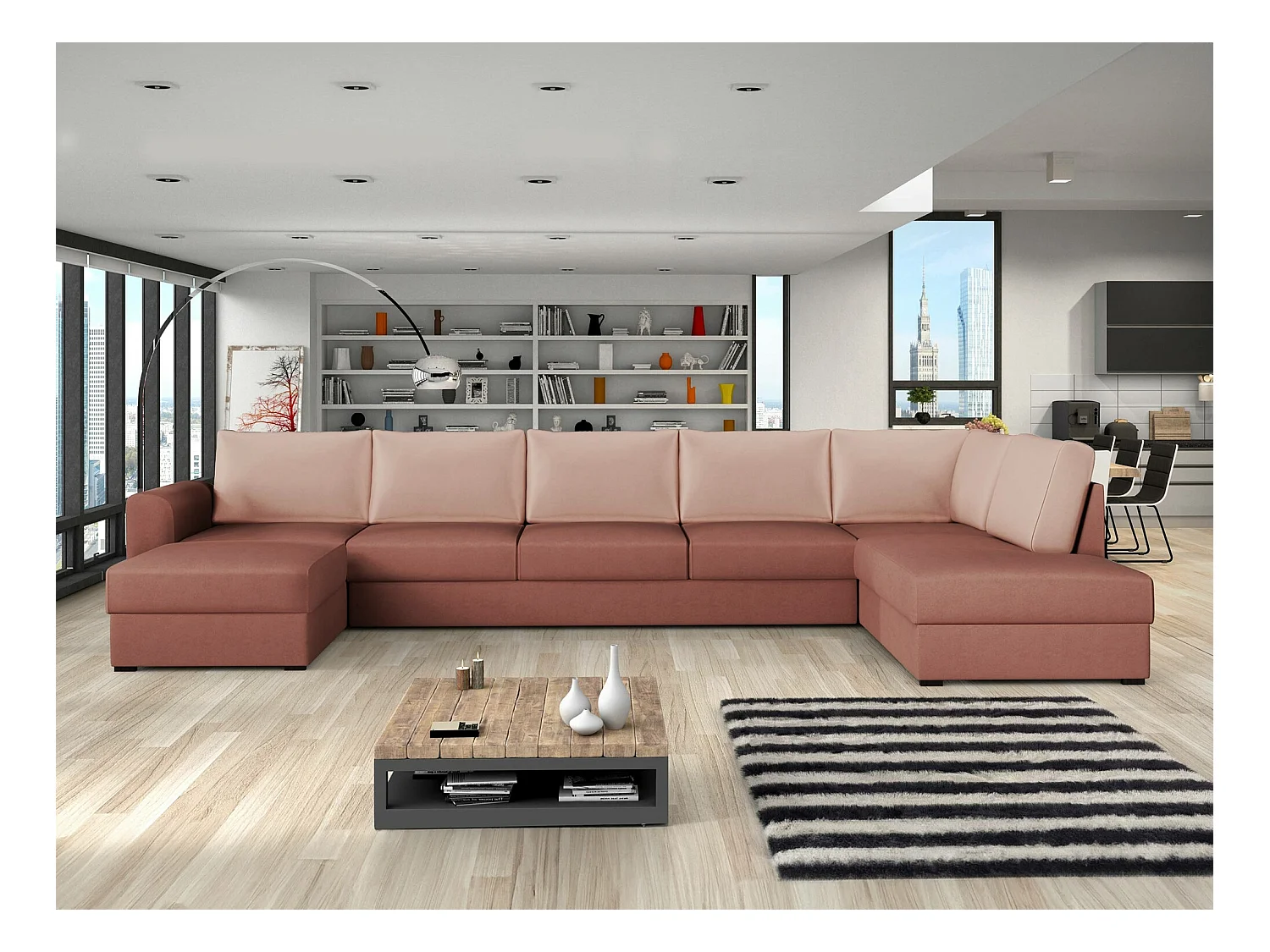 Canapé d'angle Comfivo 262, Rose, Fonction de couchage, Boîte de literie, 370x186x85cm