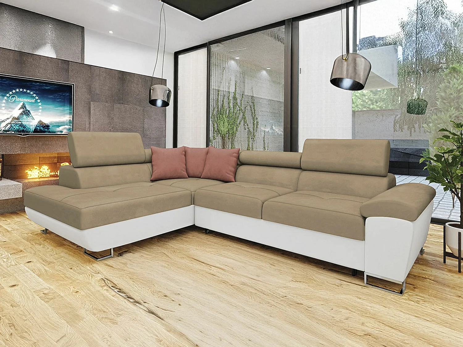 Sofá rinconero Comfivo 166, De color marrón claro, Función de descanso, Almacenaje, 270cm