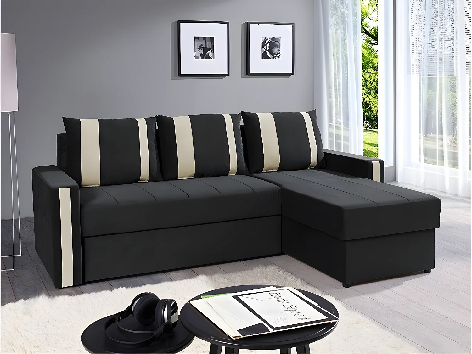 Sofá de canto Providence 111, Preto, Funcionalidade de dormir