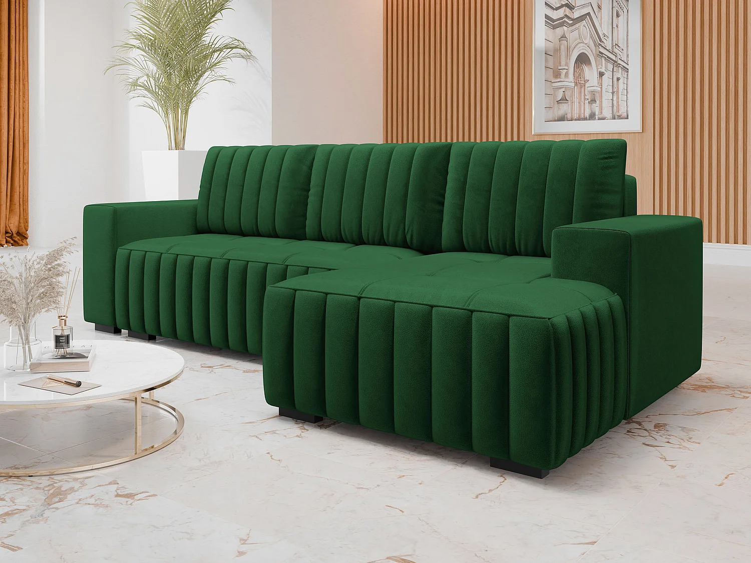 Sofá rinconero Columbus 154, Verde, Función de descanso, Almacenaje, 240x140x85cm