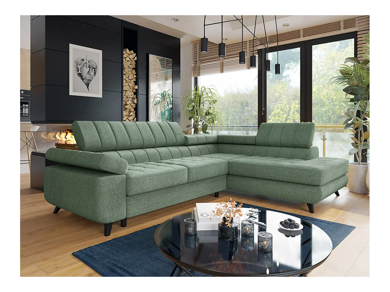 Canapé d'angle Comfivo 207, Vert, Fonction de couchage, Boîte de literie, 264x203x73cm